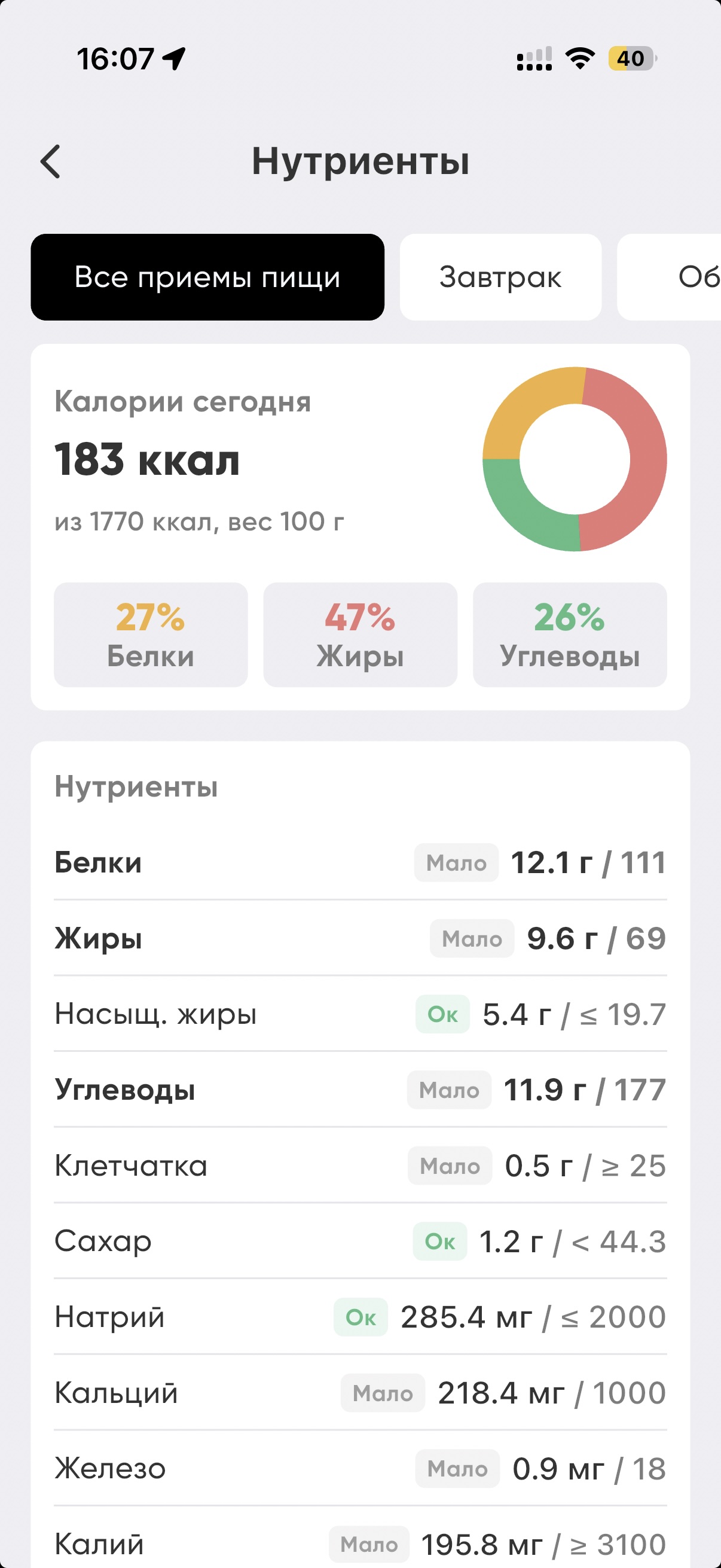 Как посмотреть клетчатку и другие нутриенты?